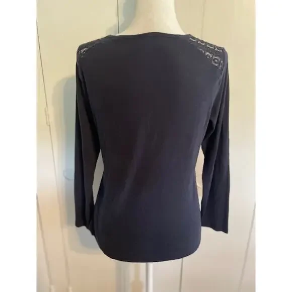 Talbots Size Medium Long‎ Sleeve 100% Cotton Pullover Top Navy Blue - Picture 4 of 5